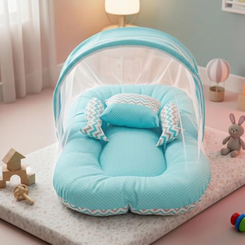 BAYBEE Baby Bedding Set for New Born Baby, Bed Mattress with Mosquito Net & Neck Pillow, Sleeping Nest Travel, Infant Toddler Bed Set Gifts for Baby Boy Girl 0-6 Months (Blue)