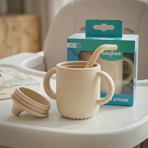 BAYBEE Baby BPA-Free Silicone Sipper Cup for Kids Drinking Training Anti Spill Sippy Cup/Glass with Soft Silicone Straw & Lid for Baby, Non-Slip Twin Handles Spout Cup for Infants 6+ Months (Ivory)