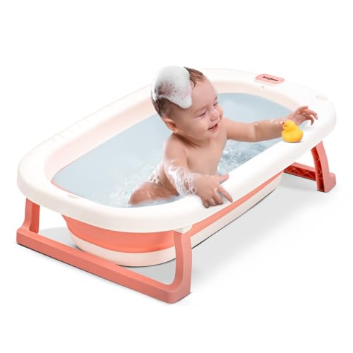 Baybee Jolly Bath Tub for Baby 0 to 5 Years | Foldable Baby Bath Tub for Kids with Anti Skid Base & Drainer | Mini Swimming Pool for Babies | Bather & Bathtub for Newborn Boys Girls (Pink)