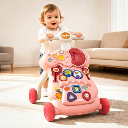 Baybee Lilo Baby Walker for Kids, Baby Push Walker with Music, Rotating Gears & Grip Handle | Activity Kids Walker for Baby Toddlers | Walkers for 0 to 2 Years Boy Girl (Pink)