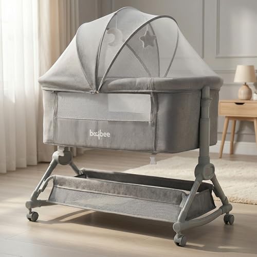 BAYBEE Premium Bedside Crib for Baby with Rocking | Bassinet for New Born with 4 Height Adjustable & Recline | Baby Cot with Mosquito Net & Storage Box | Bedside Cribs & Cots for 0 to 2 Years (Grey)