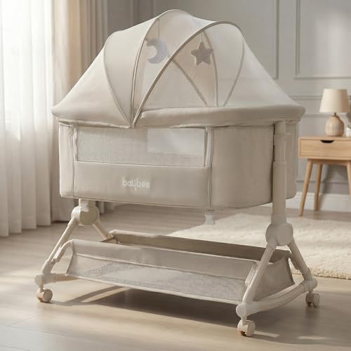 BAYBEE Premium Bedside Crib for Baby with Rocking | Bassinet for New Born with 4 Height Adjustable & Recline | Baby Cot with Mosquito Net & Storage Box | Bedside Cribs & Cots for 0 to 2 Years (Kaki)