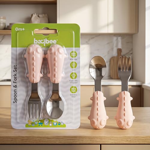 Baybee Stainless Steel Baby Feeding Spoons Set of 2 | Bpa Free- Food Grade Self Feeding Training Utensil Spoon & Fork | Baby & Toddlers Gum Friendly Weaning Supplies for Kids 4 Months+ (Pink)