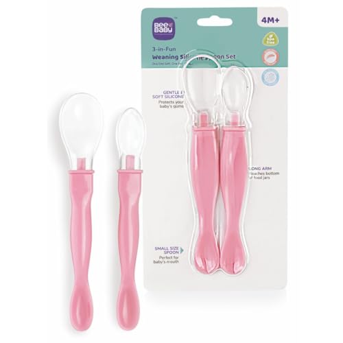 BeeBaby 3-in-1 Fun Weaning Silicone Spoon Set | Dual End Baby Feeding Spoon for Newborns & Infants | Soft BPA Free Silicone, Gentle on Gums, Easy Grip Handle – Pack of 2 (Pink)