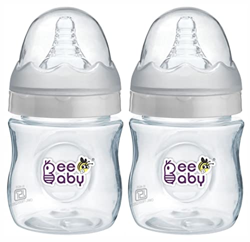 BeeBaby Ease Wide Neck Feeding Bottle 150 ml | BPA Free Easy Latching Baby Milk Bottle for Newborns & Infants | Soft Silicone Anti-Colic Nipple Medium Flow (4 Months +) |White, Pack of 2