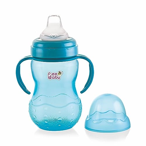 BEEBABY Grippee Soft Silicone Dual Anti-Colic Spout Sippy Cup | Touch-Flow Valve No-Drip Spout | Anti-Spill & Leak-Proof Sipper | BPA-Free, Non-Toxic | Easy-Hold Detachable Handle | 300 ML (Blue)