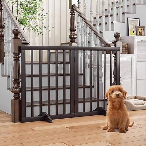 Belief Wood | Freestanding Dog Gate – Foldable Wooden Pet Safety Gate for Dogs & Kids | Indoor Barrier with Support Feet | 24″ (Brown, 2 Panel)