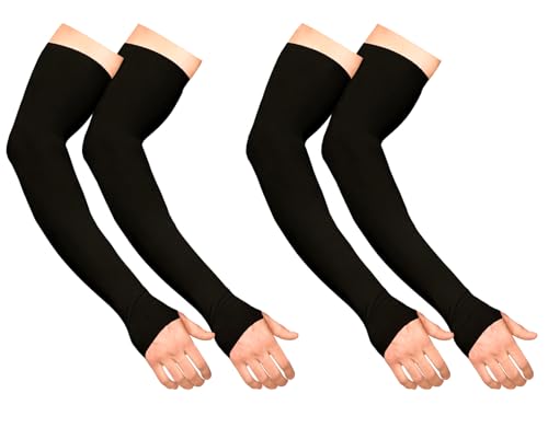 BENAVJI Arm Sleeves for Men & Women UV Protection Hand Sleeve with Thumb for Boys & Girls Sun Protection Cover for Running, Bike Riding, Cricket - Nylon - Black- 2 Pair