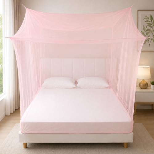 BENAVJI Foldable Machardani Double Bed | Pure Cotton Mosquito net (Pink, 6FT X 6FT) | Strong, Breathable, Lightweight, Portable & Ideal for Daily Usage | Full Protection for Home & Travel