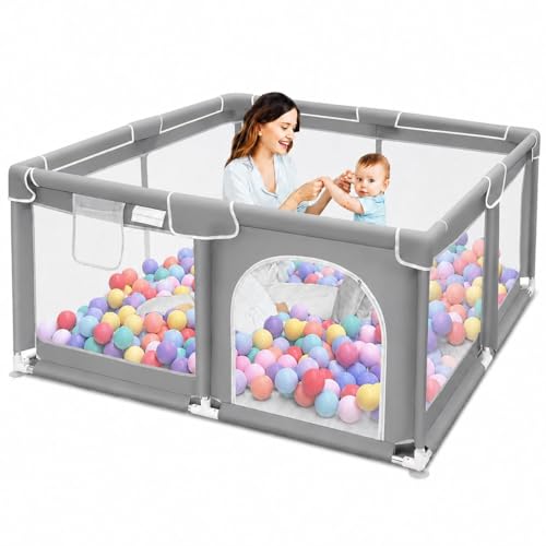 Bhajanshree Baby Playpen for Babies & Toddlers | Large Indoor-Outdoor Kids Activity Play Yard with Breathable Mesh Safety Fence | Ball Pit Play Area for 3-10 Years | Easy to Assemble (Grey)