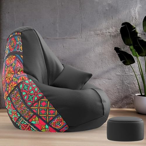 Biggie Bean Bag Chair with Beans Filled 5XL Evergreen Classics Bean Bag-Loud Prints-Soft Landings-Styled with Free Cushion & Footrest (Matching Color : Printed 3D Pattern 1-Black)
