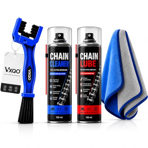 Bike Chain Cleaning Brush with Chain Cleaner & Chain Lube 150ml Each + Microfiber Duster | Complete Motorcycle Chain Cleaning Kit | Bicycle, Scooter & Cycle Maintenance Accessories