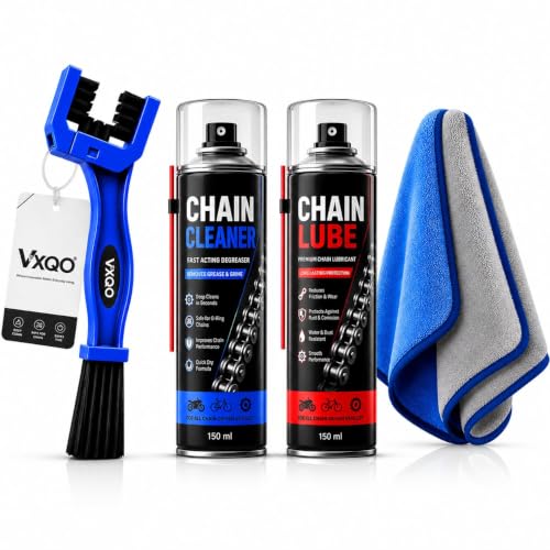 Bike Chain Cleaning Brush with Chain Cleaner & Chain Lube 150ml Each + Microfiber Duster | Complete Motorcycle Chain Cleaning Kit | Bicycle, Scooter & Cycle Maintenance Accessories