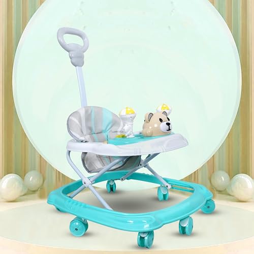 BISHMEVA Baby Walker for 6-18 Months Baby with Music, Detachable Parental Push Handle, Adjustable Height, Foldable Baby Walker for Boys & Girls, Anti-Fall Safety Design, Comfortable Seat (SEA Green)
