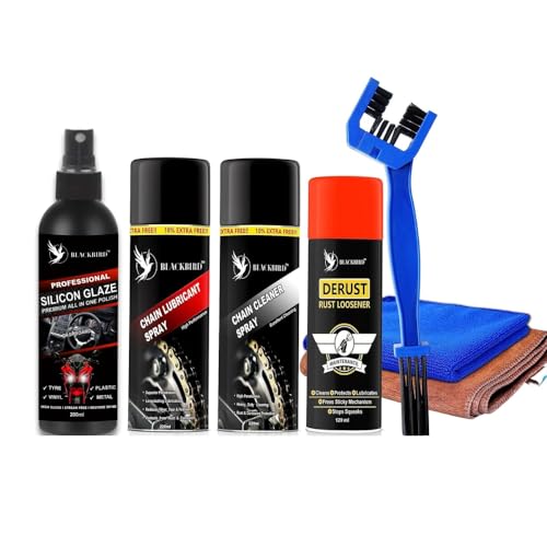 BLACKBIRD Bike Care Kit Chain Lube Spray 220ml, Chain Cleaner Spray 220ml, De-Rust 120ml, All in One Polish 200ml, Chain Cleaning Brush & 2 Pc Microfiber Cloth Motorcycle Cleaning Maintenance Combo