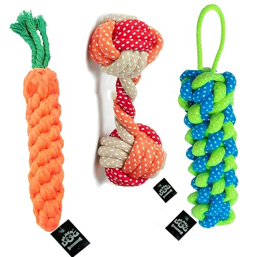 BLACKDOG Rope Toys + Dog chew Toy + Puppy Teething Combo Pack for Dogs, Set of 3 Durable for Playing Teeth Cleaning Training Toy 3 in1 Pack of 3 Toys (Color May Vary)