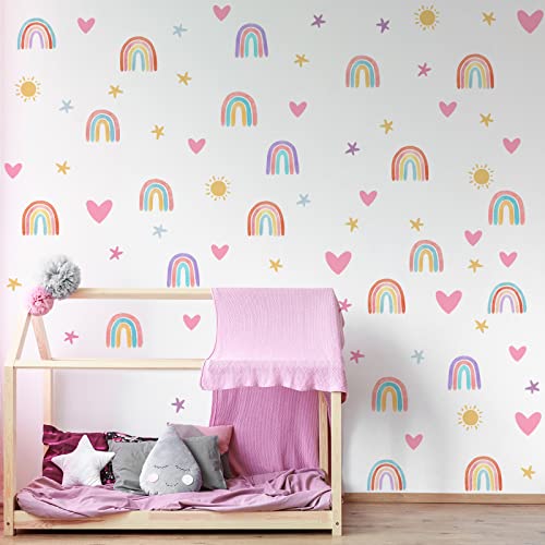 Boho Rainbow Wall Stickers, Small Rainbow Wall Stickers, Watercolor Rainbow Heart Sun Star Wall Stickers for Girls Boys Baby Room Nursery Wall Decor (Classic Style)