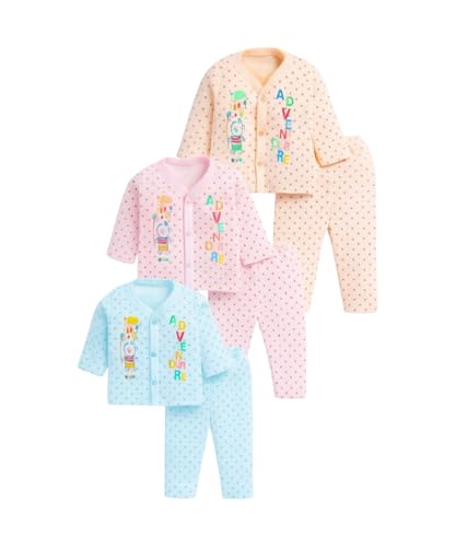 BONUM Baby's Boy's Girl's 100% Cotton Button Shirt with Pyjama Pant Set of 3 Full Sleeves Printed New Born Baby Clothes Multicolour