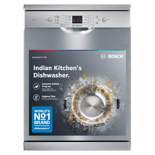 Bosch 13 Place Setting (fits up to 70 utensils) Free-Standing Dishwasher for Indian Utensils | Hygiene+ & Intensive Kadhai Program (SMS66GI01I, Silver Inox, Removes 99.9% Germs, Inbuilt Heater)