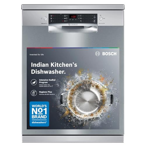 Bosch 15 Place Setting (fits up to 80 utensils) Free-Standing Dishwasher for Indian Utensils | Hygiene+ & Intensive Kadhai Program (SMS46KI03I, Silver Inox, Inbuilt Heater, Removes 99.9% Germs)