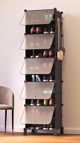 BOXJOY 10 Shelf Shoe Rack with 5 Transparent Doors, 5 Hook Steel Holder & Wooden Hammer Home Storage PP Plastic Organizer with Metal Door Frame to Cover Chappal Slipper Sandals Shoes Box Stand (Black)