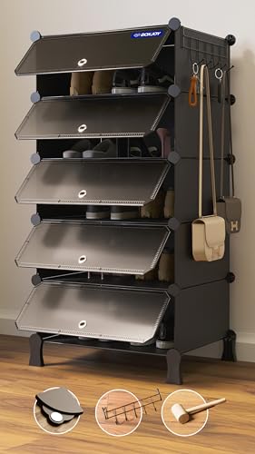 BOXJOY 5 Shelf Shoe Rack with 5 Doors, Magnets, 5 Hook Steel Holder & Wooden Hammer for Home Storage PP Plastic Organizer with Metal Door Frame to Cover Chappal Slipper Sandals Shoes Box Stand (Black)