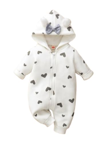 BRANDONN Kids Baby Cotton Fleece Jumpsuit Romper Onesie Sleep Suit Hooded Semi Winter Zipper (White & Grey, 9-12 Months, Chest : 32 cm x Length : 62 cm)