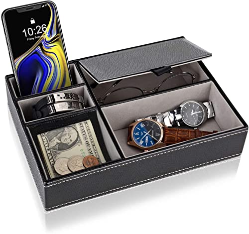 BROGBUS Men Accessories Organizer Leather Valet Tray Nightstand or Dresser Organizer for Wallet, Phone, Keys, Jewellery, Money 5 Slot Storage Compartment Box – Black Colour