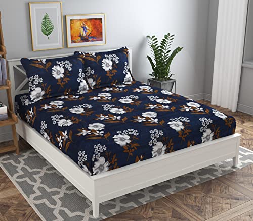 BSB HOME Double Floral Bedsheet with 2 Pillow Covers | 144 TC Soft Brushed Microfiber - Breathable & Wrinkle Free - 3 Pcs Set Multicolour, Blue White & Coffee