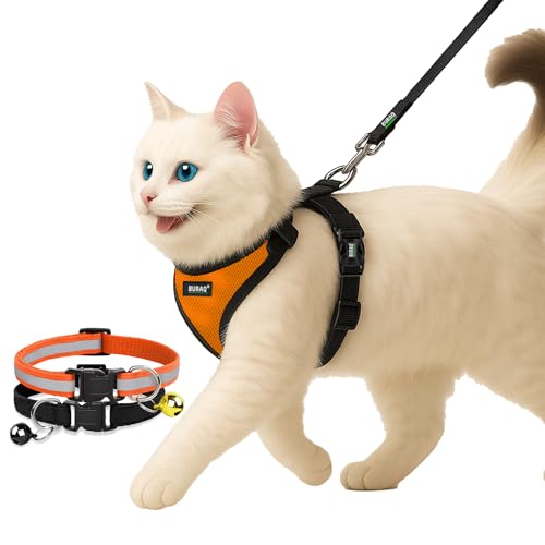 Buraq No Pull Cat Harness with Leash + 2 Pcs Cat Collar, Escape Proof, Ultra-Light Weight, Air Mesh Fabric, Aesthetic Design Adjustable Cat Leash with Harness (S - Orange)