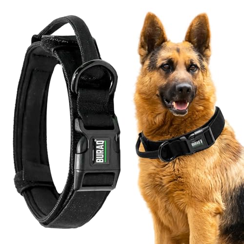 Buraq Tactical Dog Collar, Military-Grade Nylon, Reinforced Buckle & Control Handle, Adjustable & Heavy Duty Training Belt for Medium & Large Dogs (Black, XL)