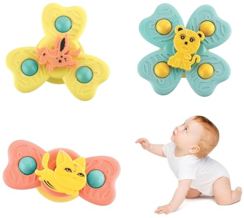 Cable World Baby Spinner Toy for Baby Bath Toys Water Toys for Kids Suction Cup Fidget Spinner Sensory Toddler Infant Flight Travel Toy Stick to Car Window Gift for Kids 3 Pcs (Animal Design)