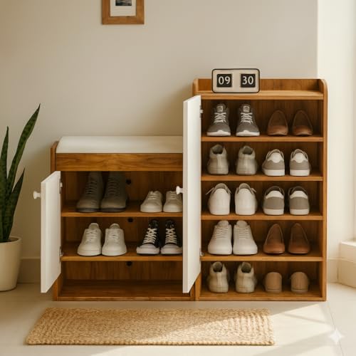 Callas Shoe Rack Storage Bench, Holds 15 Pairs, 8-Tier Rack with Cushion Seat and Closed Cabinet | 1 Year Warranty with Free Installation (Brown, SR-19)