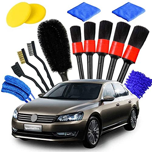 Car Detailing Brush Set, Exterior Interior Car Detail Kit Auto Cleaning Brush for Wheels Detail Brushes, Wheel Brush, Wash Mitt,Vent Brush,Wax Applicator Pads,Towels,Wire Brushs (15 PCS)