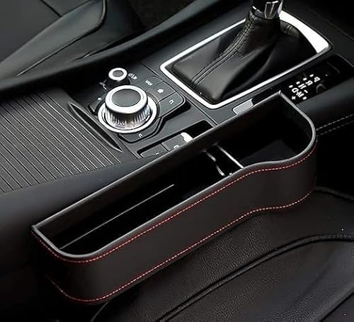 Car Seat Gap Filler Organizer with Cup Holder – PU Leather Car Seat Gap Organizer Storage Box with Charging Hole, Anti-Drop Car Seat Storage Pocket for Phone, Keys & Wallet (Black)