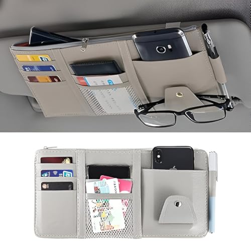 Car Visor Organizer with Zipper – PU Leather Sun Visor Pouch for Cards, Sunglasses, Pens & Small Documents – Car Storage Accessory with Mesh Pockets