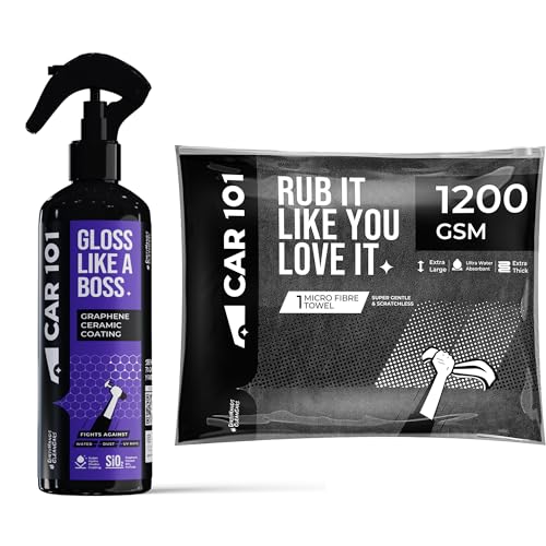 CAR101 Graphene Coating & 1200 GSM Multipurpose Microfiber Cloth Combo – Ceramic Coating Spray (300ml) with Hydrophobic Finish|UV Protection|Ultra-Soft Cleaning Cloth for Car, Bike & Home