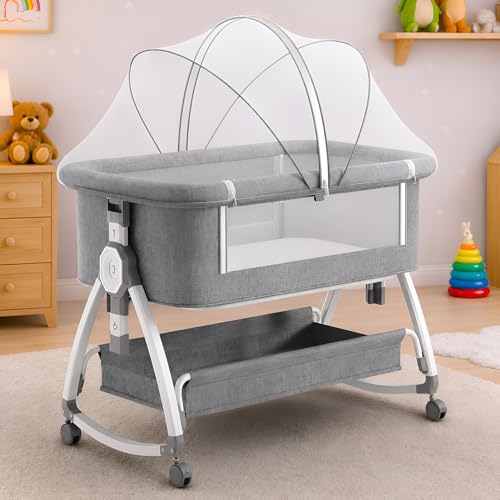 CAREIT Premium 6-in-1 Baby Bedside Cot, Crib, Cradle Portable All-Mesh Bassinet with Multi-Purpose Tray,Wheels, Storage Basket, and 6 Height Adjustments, for Newborns- Grey