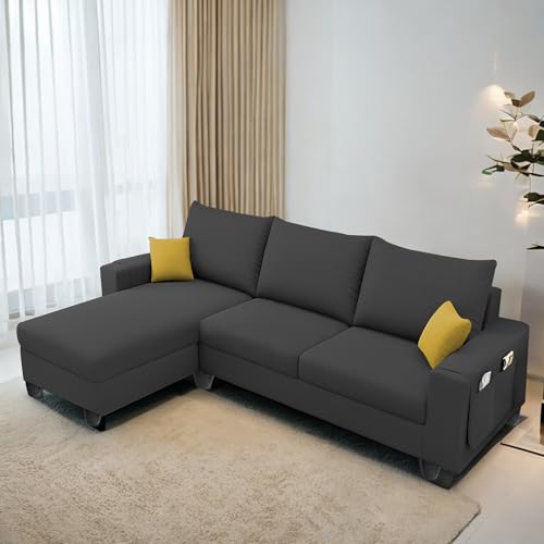 Casaliving Porto LHS 4 Seater L Shape Sofa Set for Living Room (Black Fabric) Premium Velvet Fabric Sofa Set