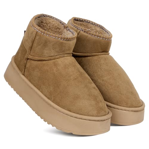 CASSIEY Comfortable Indoor/Outdoor Winter Snow Boot |Womens Slip on Shoes |Girls Winter Fur Shoes- Camel