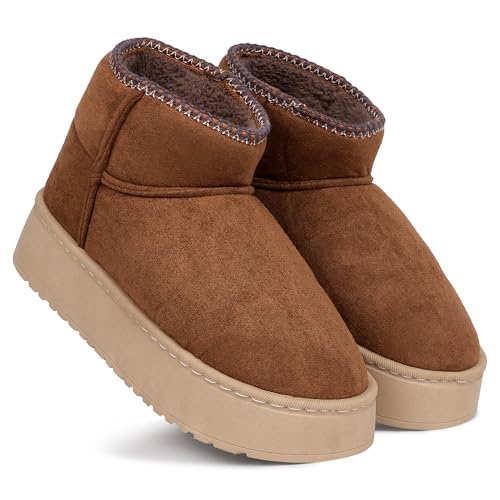 CASSIEY Comfortable Indoor/Outdoor Winter Snow Boot |Womens Slip on Shoes |Girls Winter Fur Shoes- Brown