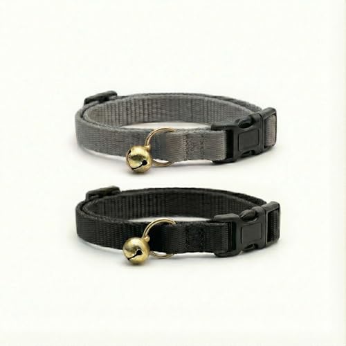 Cat Collar Set with Bell, Adjustable Nylon Collar for Indoor Cats & Kittens, 7–11 Inches, Pack of 2 (Black, Grey)