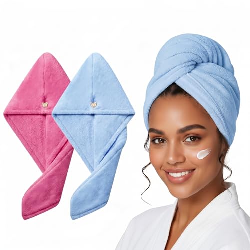 CB HOME Hair Towel Wrap for Women | Pack of 2 | Quick-Dry Microfiber Hair Turban with Elastic Loop | Super Absorbent Hair Drying Towel for Ladies & Girls - Multicolor