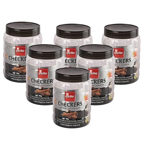 CELLO Checkers Kitchen Storage Container Box Set of 6 Pcs (1200 ml x 6) | Transparent Unbreakable Fridge Safe Stackable Airtight Kitchen Storage Canister Set For Spices, Dry Fruits, Grains, Cookies