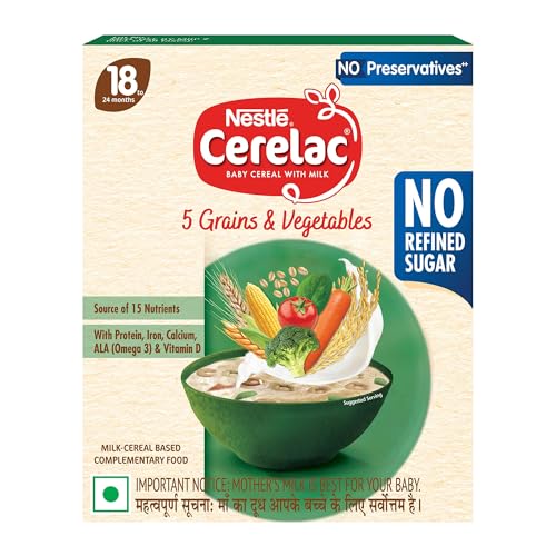 CERELAC Baby Food Cereal | No Refined Sugar | No Preservatives | 5 Grains & Vegetables for 18 to 24 Months Baby | Omega 3 Iron Protein Calcium Vitamin D for Babies | Instant Cereal | 300g