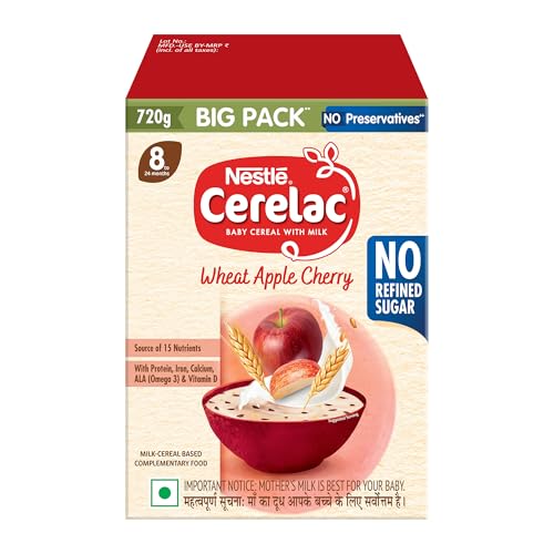 CERELAC Baby Food Cereal | No Refined Sugar | No Preservatives | Wheat Apple Cherry for 8 to 24 Months Baby | With Omega 3 Iron Protein Calcium Vit D | Instant Cereal | 720g, Bag-in-box pack