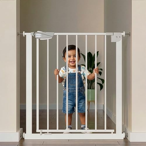 Cherilo Baby Safety Gate for Kids & Pets | Adjustable Dog Gate Barrier for Home (Fits 75–84 cm) | Pressure Mounted Child Gate for Toddlers & Dogs | Auto Close, No Drill Installation | White