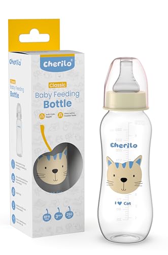 Cherilo Feeding Bottle for New Born | 250ml Anti-Colic Slim Neck BPA-Free Design Baby Feeder Bottle Upto 3 Years | Lovely Cat Style with Soft Silicone Nipple & Leak-Resistant Cap