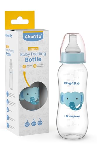 Cherilo Feeding Bottle for New Born | 250ml Anti-Colic Slim Neck BPA-Free Design Feeding Bottle for 1+ Year Baby Upto 3 Years | Funny Elephant Style with Soft Silicone Nipple & Leak-Resistant Cap