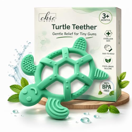 Chic Buddy Baby Teether 3-12 Months Soft Silicone Turtle, Teethers for 3 to 6 Month and Also Soothing Teethers for 6 to 12 Months and, BPA Free Sensory Ring for Safe Chewing and Easy Grip